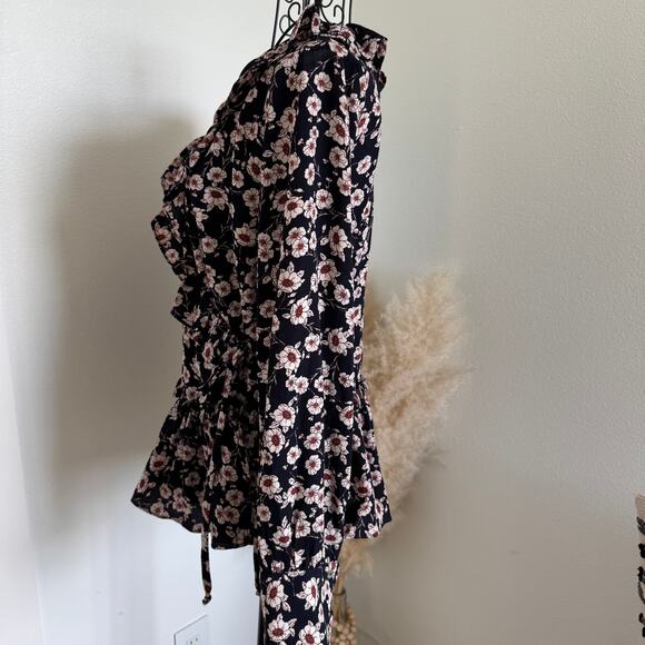Everleigh Floral Navy Rust Ruffle Wrap Tie Long Sleeve Blouse Medium - Picture 3 of 10